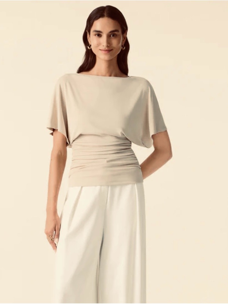 Ogl Neutral Beige Boatneck Dolman Ruched Waist Top